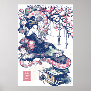 Póster Geisha Chica con dragón y gatos 37005