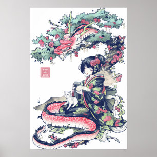 Póster Geisha Chica con dragón y gatos 37006