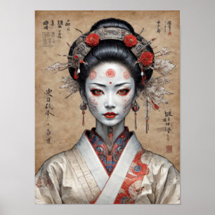 Póster geisha ciberpunk japonesa en pergamino