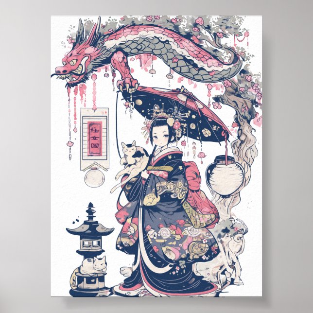 Póster Geisha con dragón y gatos 37007 (Frente)
