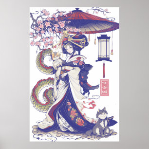 Póster Geisha con dragón y gatos 37009