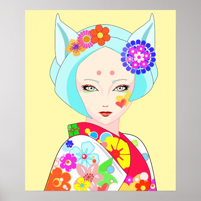 Póster Geisha con flores pop Art (Frente)