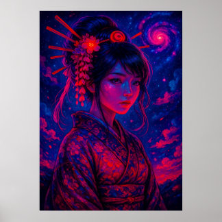 Póster Geisha cósmica con galaxia Sky Fantasy Japonés