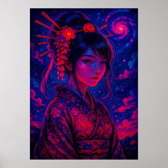 Póster Geisha cósmica con galaxia Sky Fantasy Japonés (Frente)