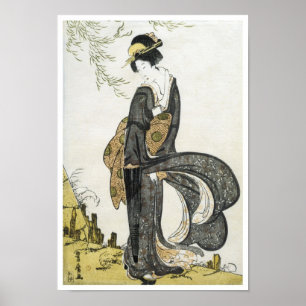 Póster Geisha de pie en el viento, Toyohiro, 1805
