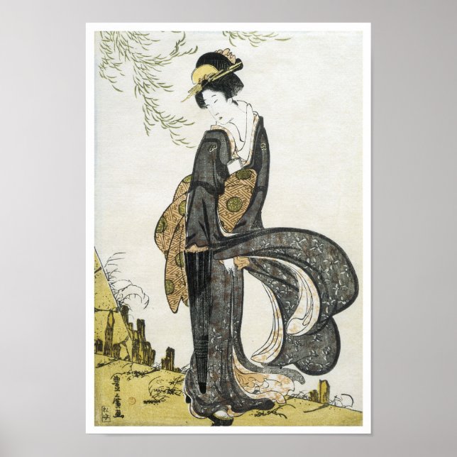 Póster Geisha de pie en el viento, Toyohiro, 1805 (Frente)