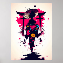 Póster Geisha Elegante Bajo la Puerta Torii