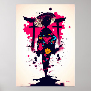 Póster Geisha Elegante Bajo la Puerta Torii