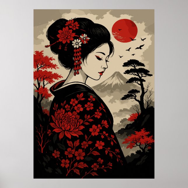 Póster Geisha japonesa con flores rojas y Monte Fuji (Frente)