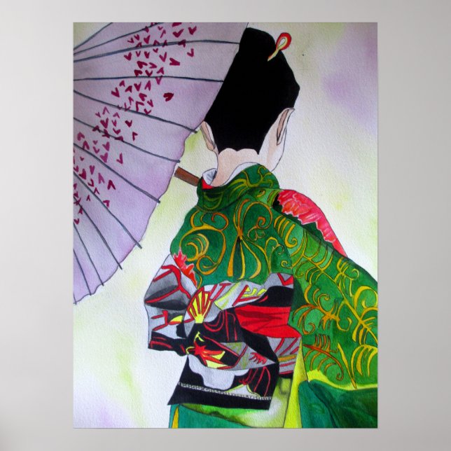 Póster Geisha japonesa con kimono y paraguas morados (Frente)