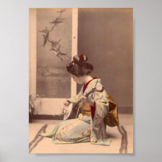 Póster Geisha japonesa vintage tocando el shamisen