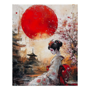 Póster Geisha Poster, elegante Geisha estilo Ukiyo-e