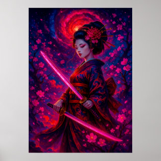 Póster Geisha Samurai cósmica con fantasía de espadas bri