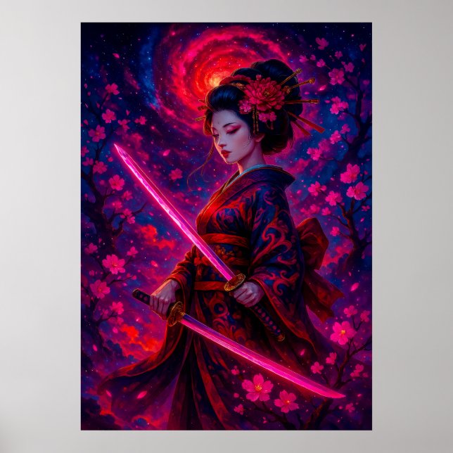Póster Geisha Samurai cósmica con fantasía de espadas bri (Frente)