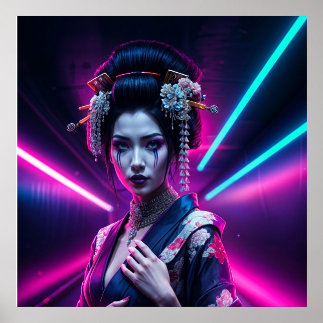 Póster Geisha with Neon Background – Fridge Magnet Art (Frente)