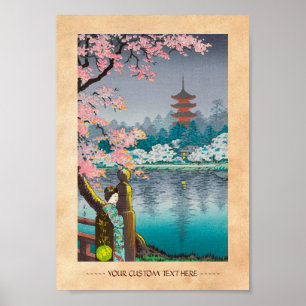 Póster Geisha y árbol de cerezos, paisaje japonés del par