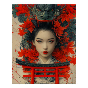 Póster Geisha y Dragón - Arte japonés