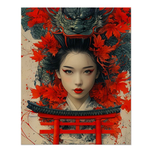 Póster Geisha y Dragón - Arte japonés (Anverso)
