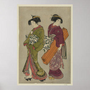 Póster Geisha y una sirviente llevando su caja de chamise