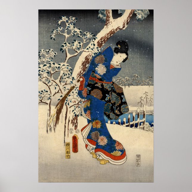 Póster Geisya japonés en nieve, Toyokuni, Ukiyo-e (Frente)