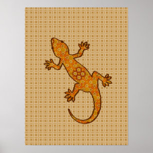Póster Gekko de batik tribal - óxido, ámbar y bronceado