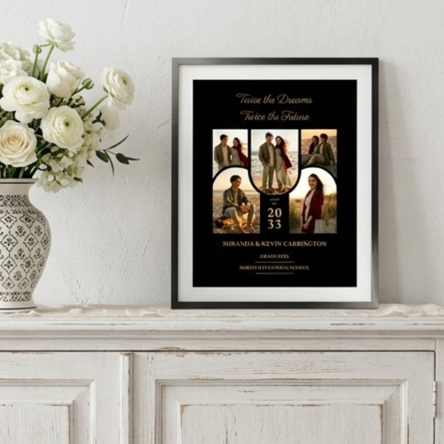 Póster Gemelas Grados Dobles Collage Arqueado Chic TMF26 (Stylish Double Graduation Poster with Five Arched Photo Placeholders and Luxury Gold Effect Accents.)