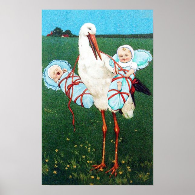 PÓSTER GEMELLOS NIÑOS DUCHA DE BEBÉ MONOGRAMA, (Frente)