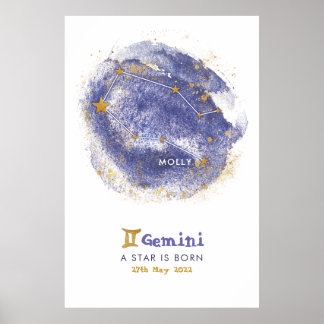 Póster Gemini Nombre del Bebé Zodiac Starry Nursera Poste