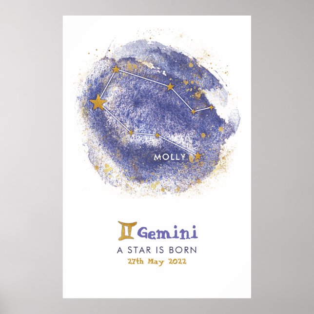 Póster Gemini Nombre del Bebé Zodiac Starry Nursera Poste (Frente)
