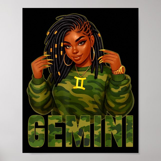 Póster Gemini Queen Loc'd Black Woman Camo Zodiac Sign  (Frente)