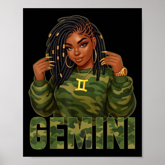 Póster Gemini Queen Loc'd Black Woman Camo Zodiac Sign  (Frente)
