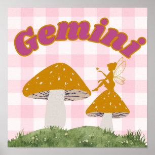 Póster Gemini Zodiac Cottagecore Fairy Mushroom