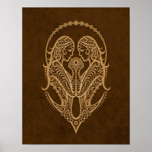 Póster Gemini Zodiac marrón Intrincado
