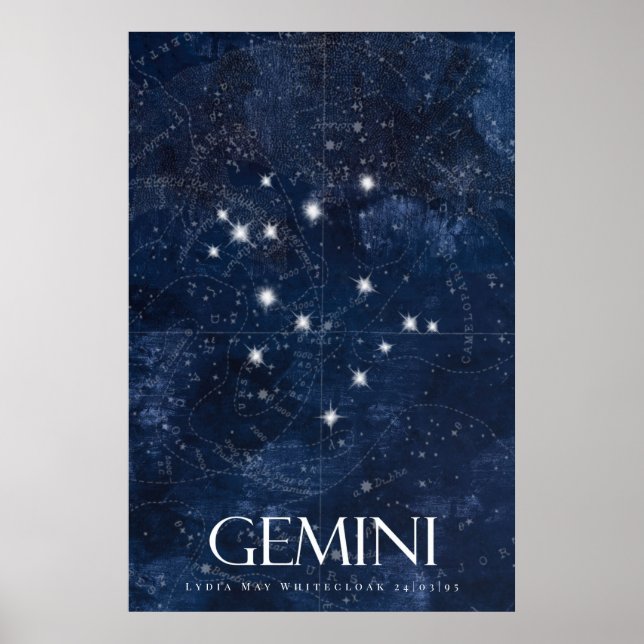 Póster Gemini Zodiac Poster con nombre, signo estrella zo (Frente)