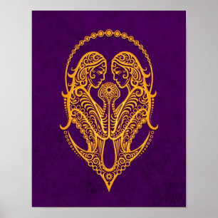 Póster Géminis amarillo intrincado Zodiaco en morado