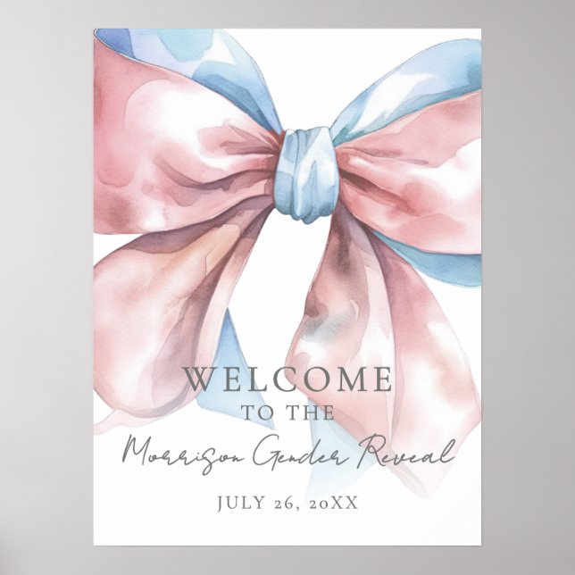 Póster Gender Reveal Pink Blue Bow Welcome Sign (Frente)