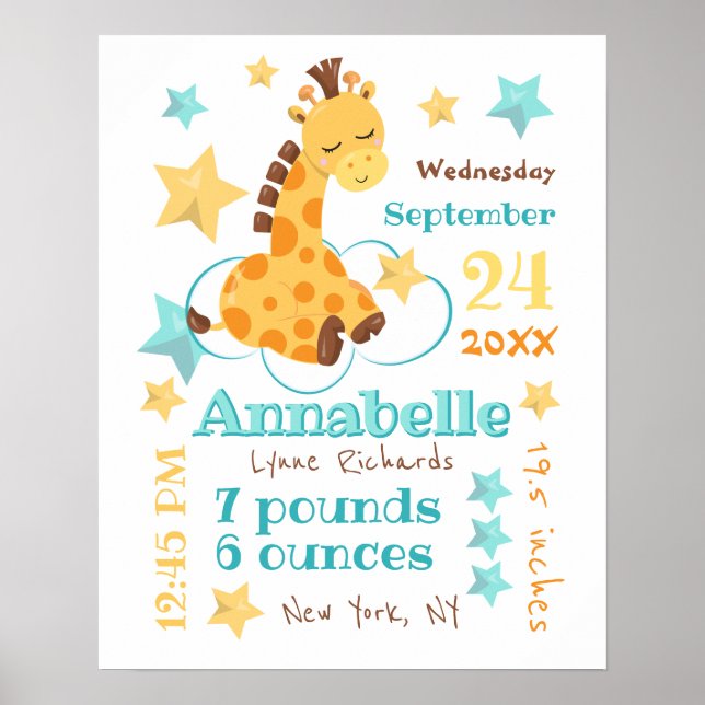 Póster Género Neutral Cute Giraffe Stars Baby Stats (Frente)