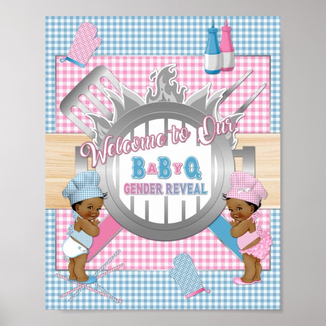 Póster Género Revelación azul rosa Gingham Baby Q BBQ (Frente)