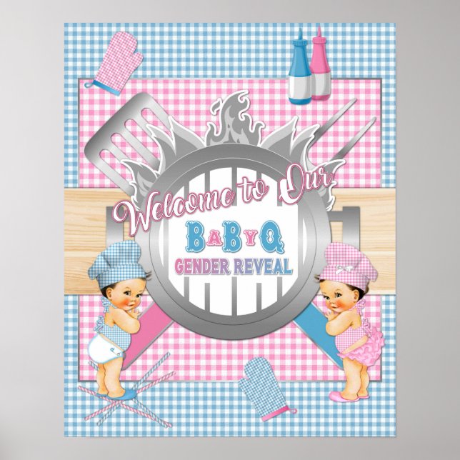Póster Género Revelación azul rosa Gingham bebé Q Poster  (Frente)