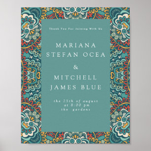 Póster Génesis romántica Mandala azul suave gris y rojo