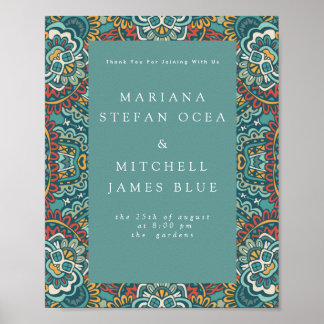 Póster Génesis romántica Mandala azul suave gris y rojo