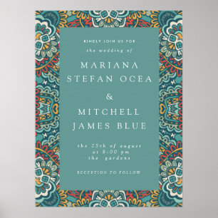 Póster Génesis romántica Mandala azul suave gris y rojo
