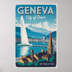 Póster Geneva Suiza Retro Silueta Urbana Viajes 