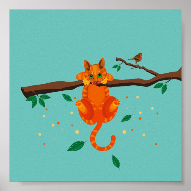 Póster Gengibre geométrico Cat up a tree ilustracion (Frente)