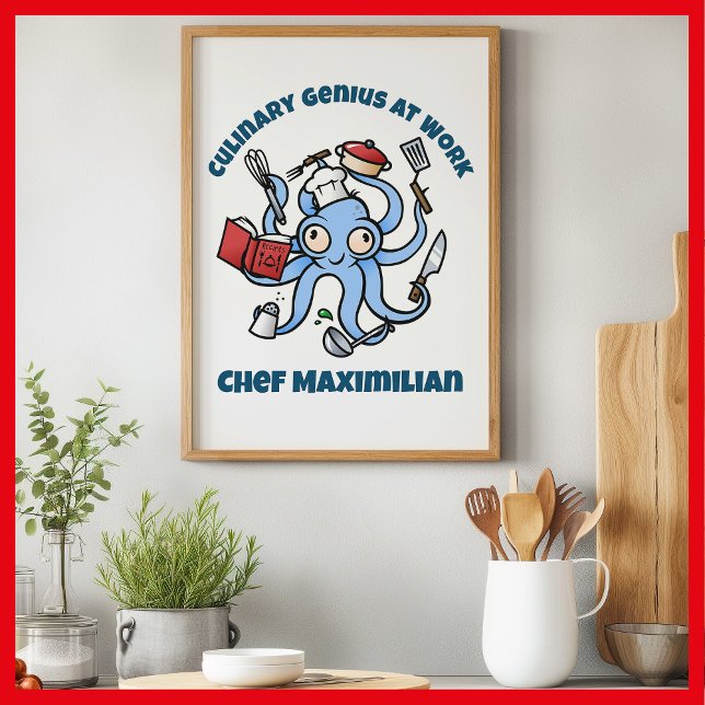 Póster Genio culinario en el trabajo Personalizado pulpo (Culinary genius cartoon octopus on kitchen wall)