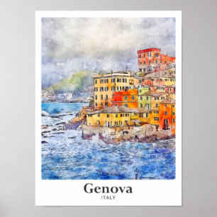 Póster Génova Italia Viaje Mano de Esquema Acuático de Hi