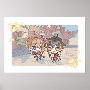 Póster Genshin Impact Chibi A Date of Childe y Zhongli