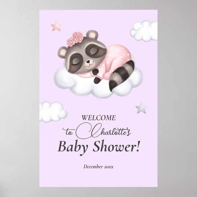Póster Gentle Baby Girl Raccoon Lilac Baby Shower Bienven (Frente)