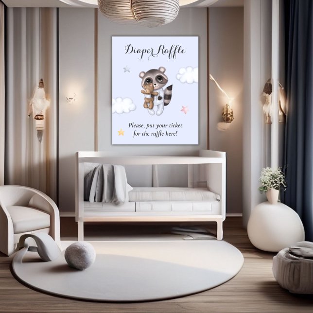 Póster Gentle Raccoon Animal Baby Shower Diaper Raffle (Baby Shower Diaper Raffle Poster)