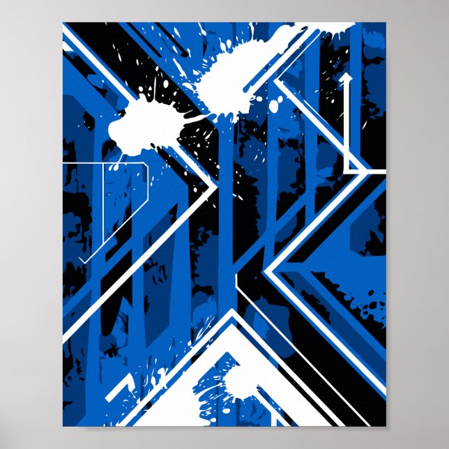 Póster Geometría azul dinámica con salpicaduras de pintur (Frente)
